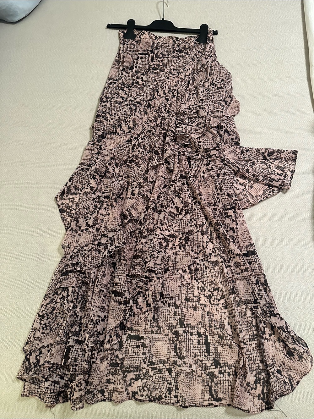 Misa Los Angeles Pink and Black Snake-Print Ruffled Maxi Skirt